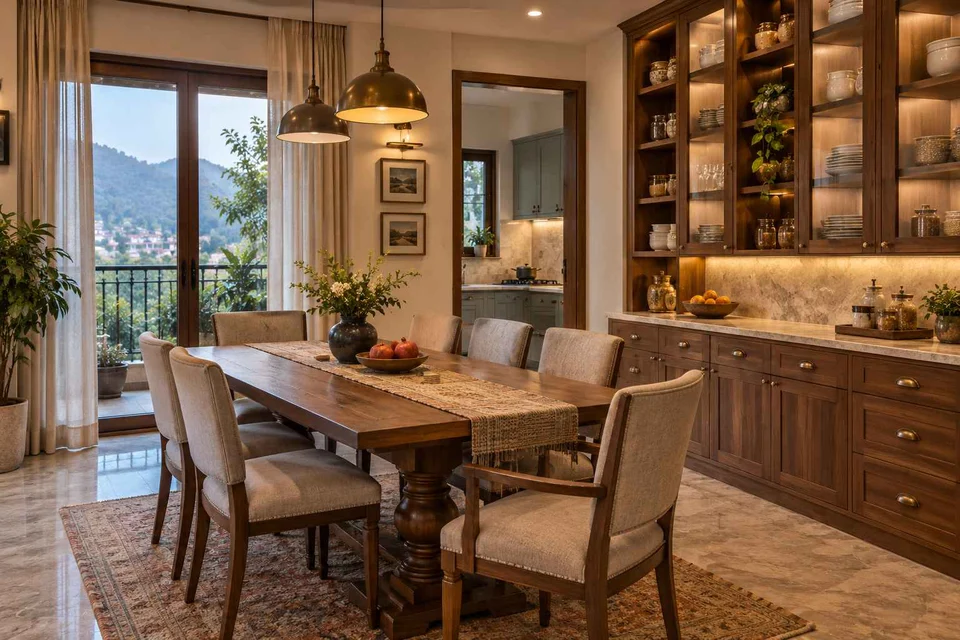 AI-generated dining-room concept: pantry-wall dining room, cool-season family table direction