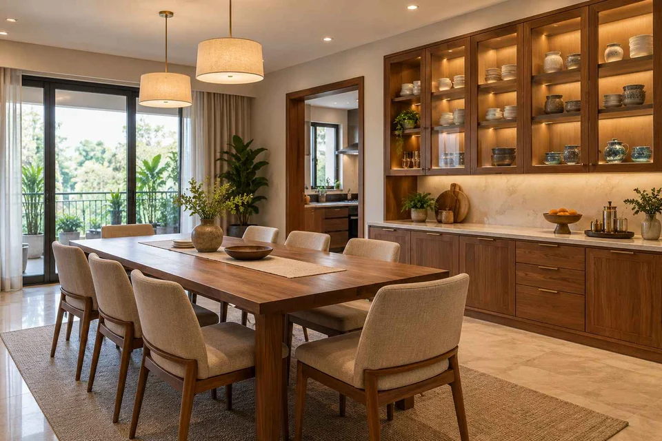 AI-generated dining-room concept: pantry-wall dining room, crockery collection display direction
