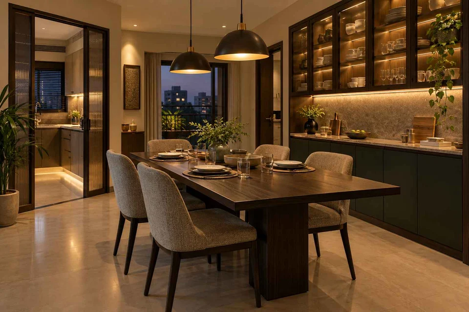 AI-generated dining-room concept: pantry-wall dining room, evening candleless dinner direction