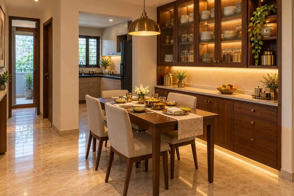 AI-generated dining-room concept: pantry-wall dining room, festival meal preparation direction