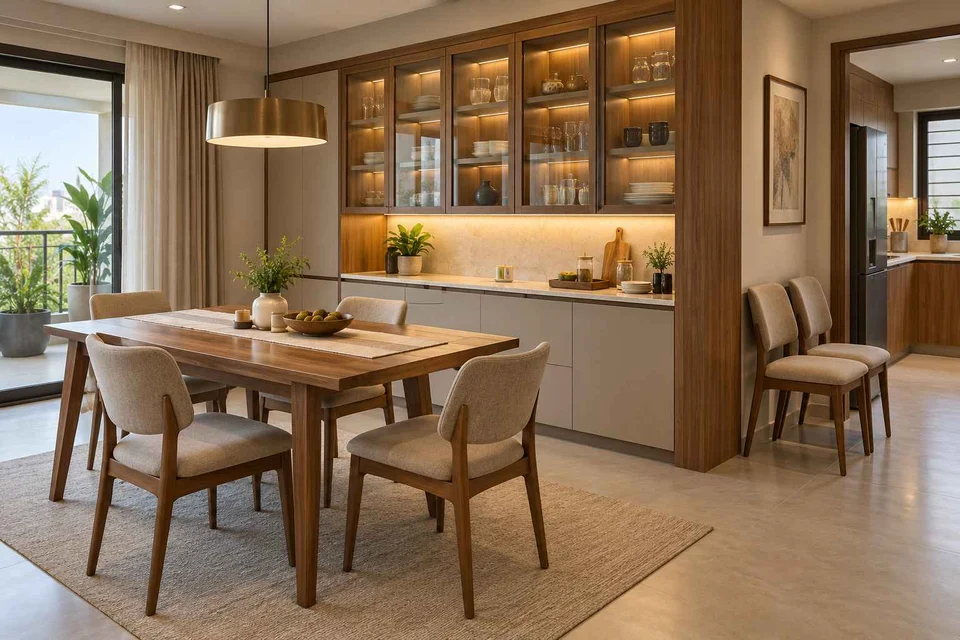 AI-generated dining-room concept: pantry-wall dining room, flexible extra seats direction