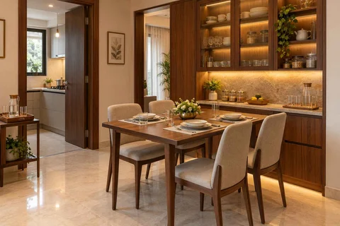 AI-generated dining-room concept: pantry-wall dining room, guest welcome meal direction