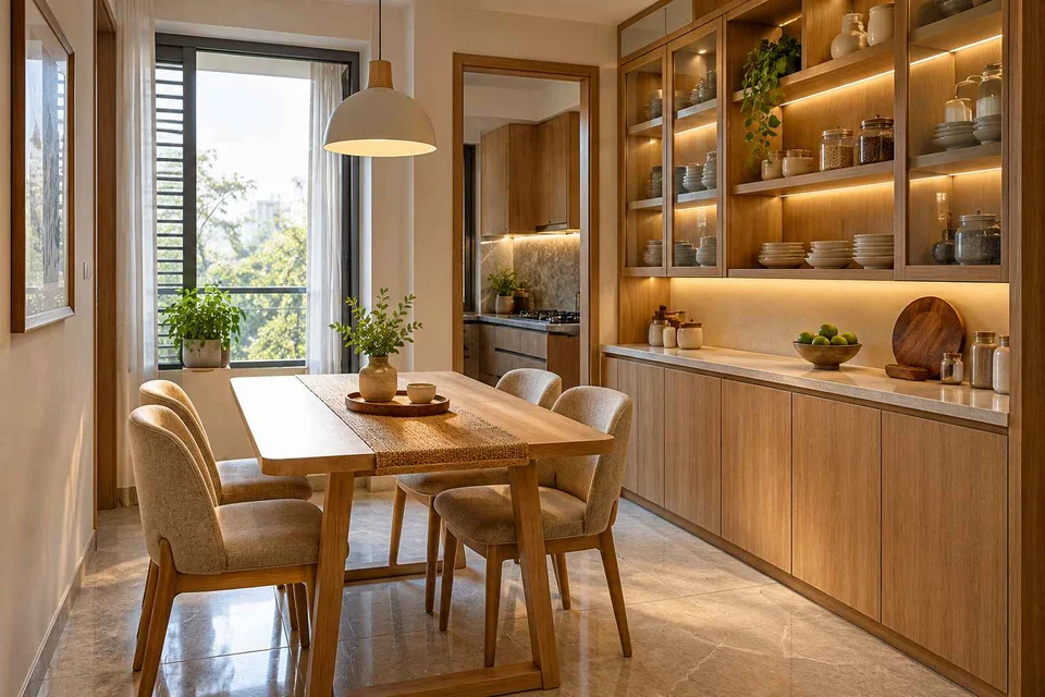 AI-generated dining-room concept: pantry-wall dining room, homegrown herb table direction