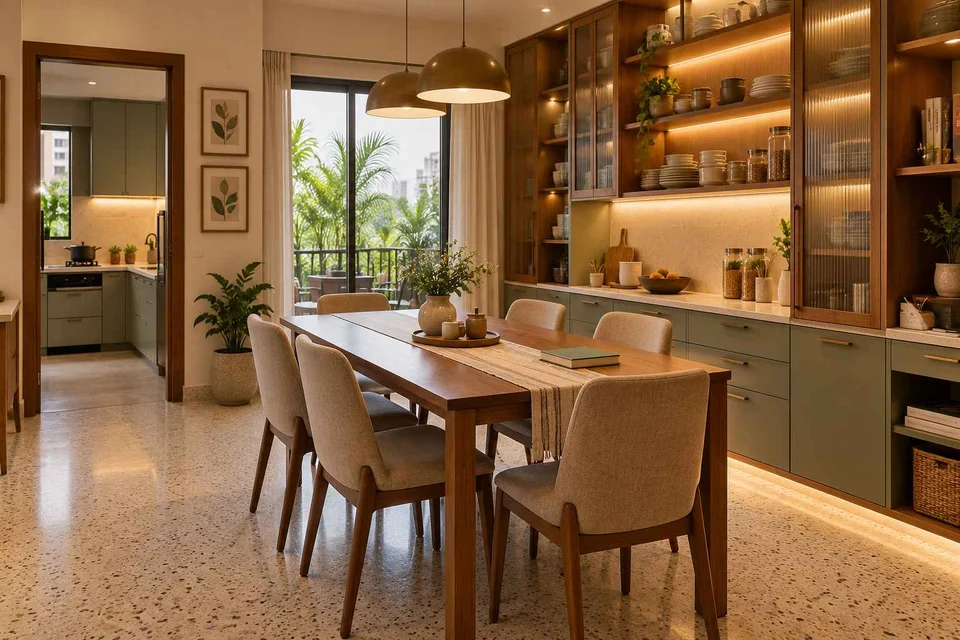 AI-generated dining-room concept: pantry-wall dining room, homework-to-dinner transition direction