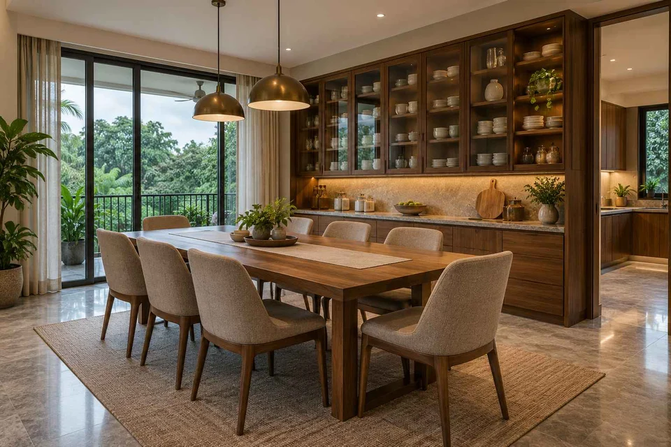 AI-generated dining-room concept: pantry-wall dining room, monsoon lunch light direction