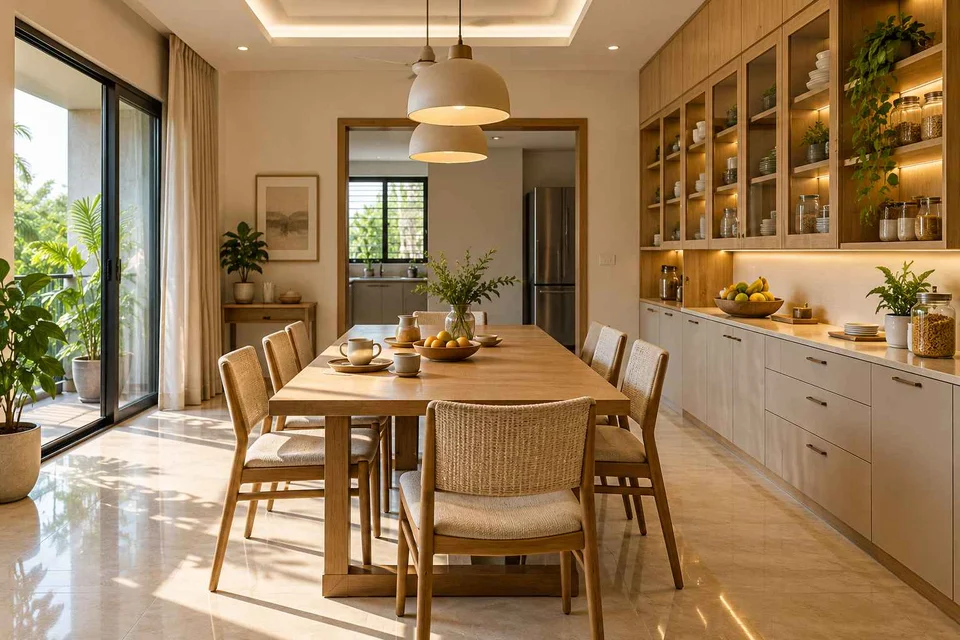 AI-generated dining-room concept: pantry-wall dining room, morning breakfast rhythm direction