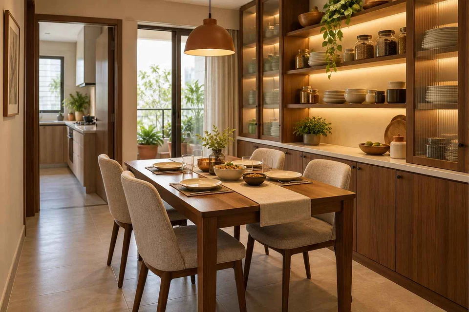 AI-generated dining-room concept: pantry-wall dining room, serving bowl sharing direction