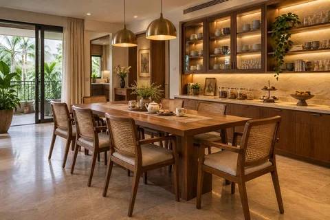 AI-generated dining-room concept: pantry-wall dining room, tea with friends direction