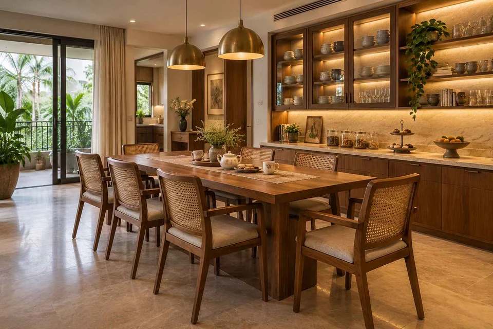 AI-generated dining-room concept: pantry-wall dining room, tea with friends direction