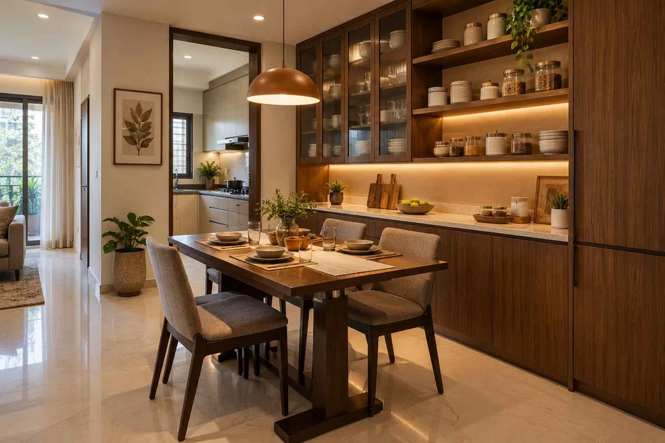 AI-generated dining-room concept: pantry-wall dining room, weeknight compact hosting direction