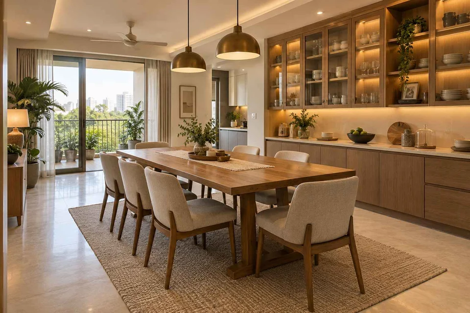 AI-generated dining-room concept: pantry-wall dining room, work-from-home reset direction