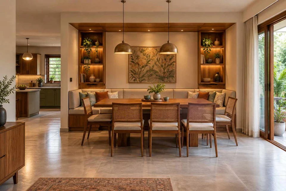 AI-generated dining-room concept: recessed booth dining, adaptable everyday dining direction