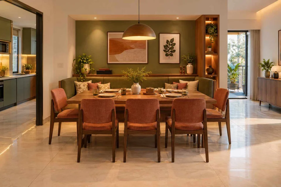 AI-generated dining-room concept: recessed booth dining, board-game supper direction