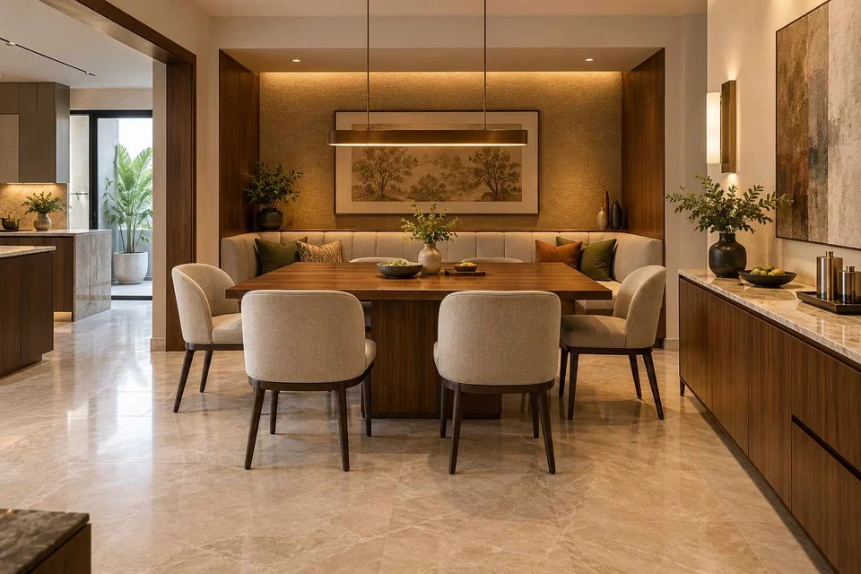 AI-generated dining-room concept: recessed booth dining, buffet-side gathering direction