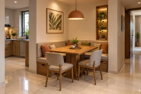 AI-generated dining-room concept: recessed booth dining, children's everyday meals direction