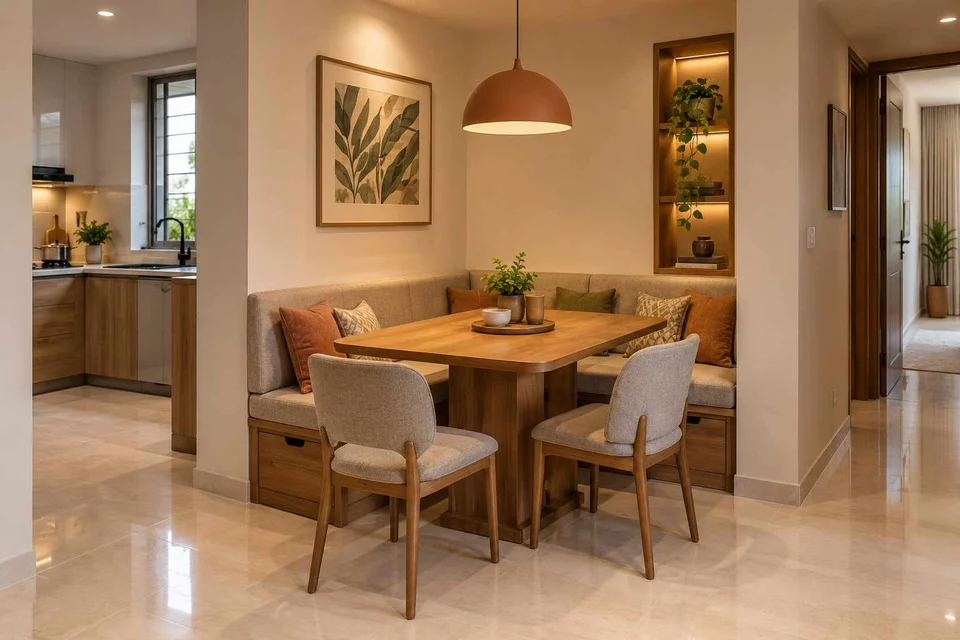 AI-generated dining-room concept: recessed booth dining, children's everyday meals direction