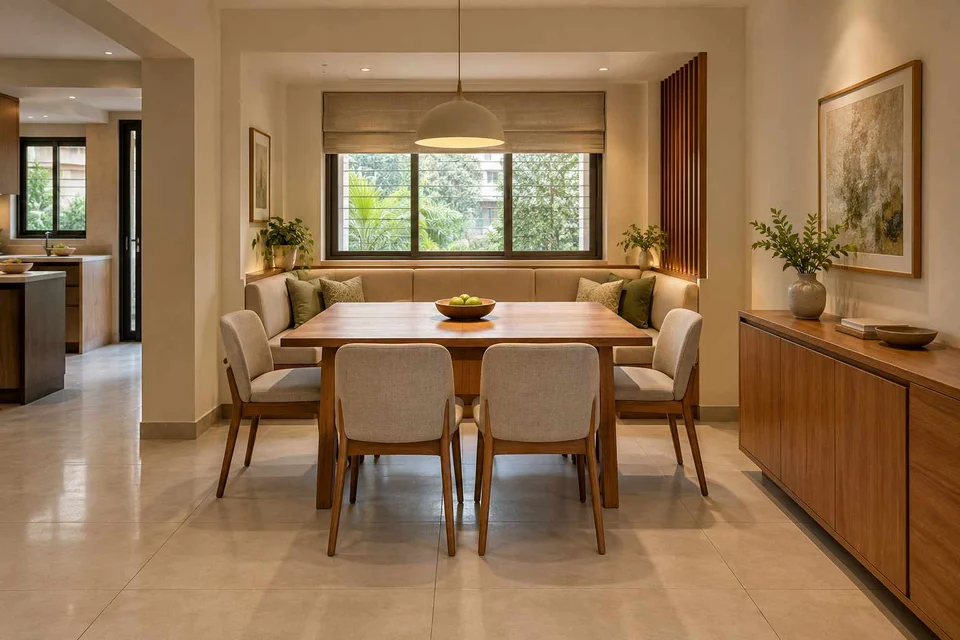 AI-generated dining-room concept: recessed booth dining, clear-table daily reset direction