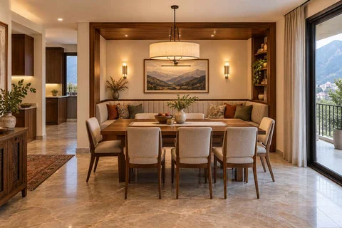 AI-generated dining-room concept: recessed booth dining, cool-season family table direction