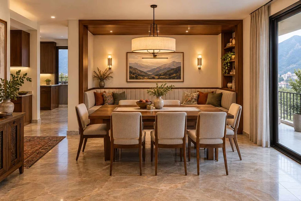 AI-generated dining-room concept: recessed booth dining, cool-season family table direction