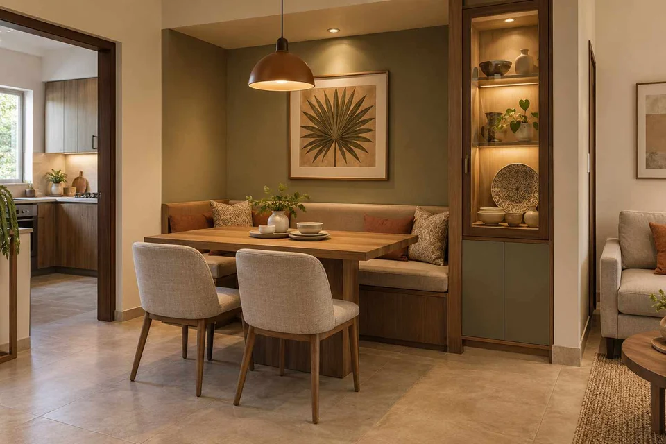 AI-generated dining-room concept: recessed booth dining, crockery collection display direction