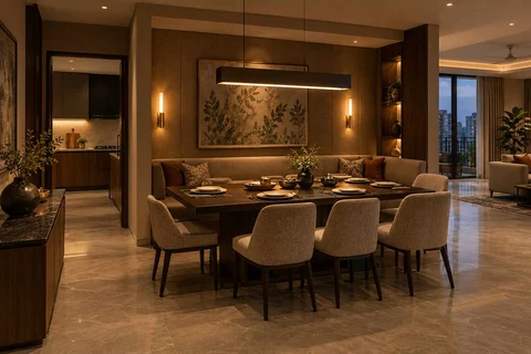 AI-generated dining-room concept: recessed booth dining, evening candleless dinner direction