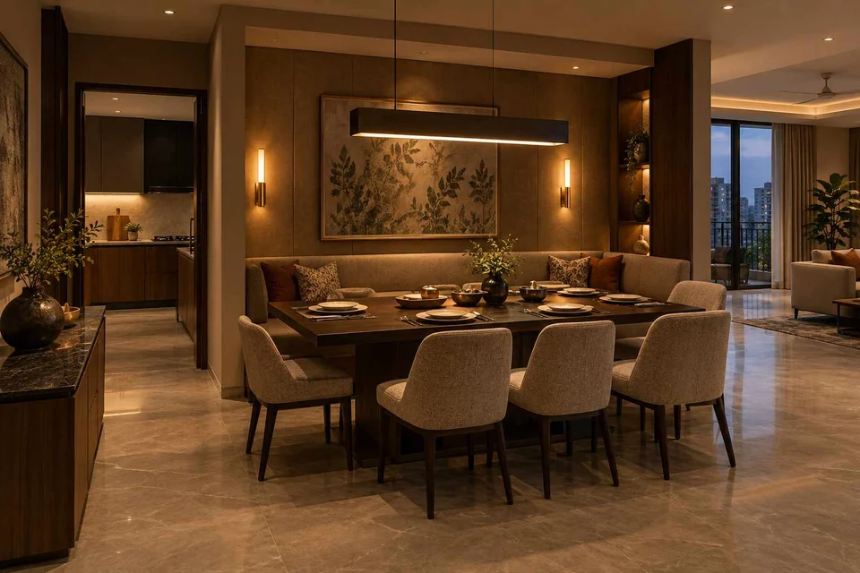 AI-generated dining-room concept: recessed booth dining, evening candleless dinner direction