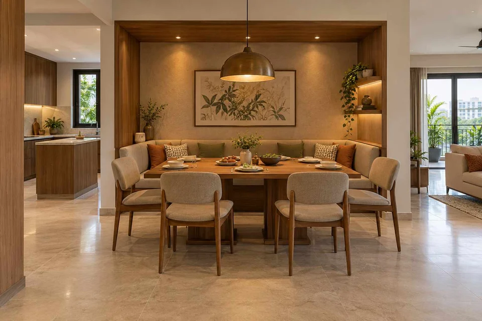 AI-generated dining-room concept: recessed booth dining, everyday family supper direction