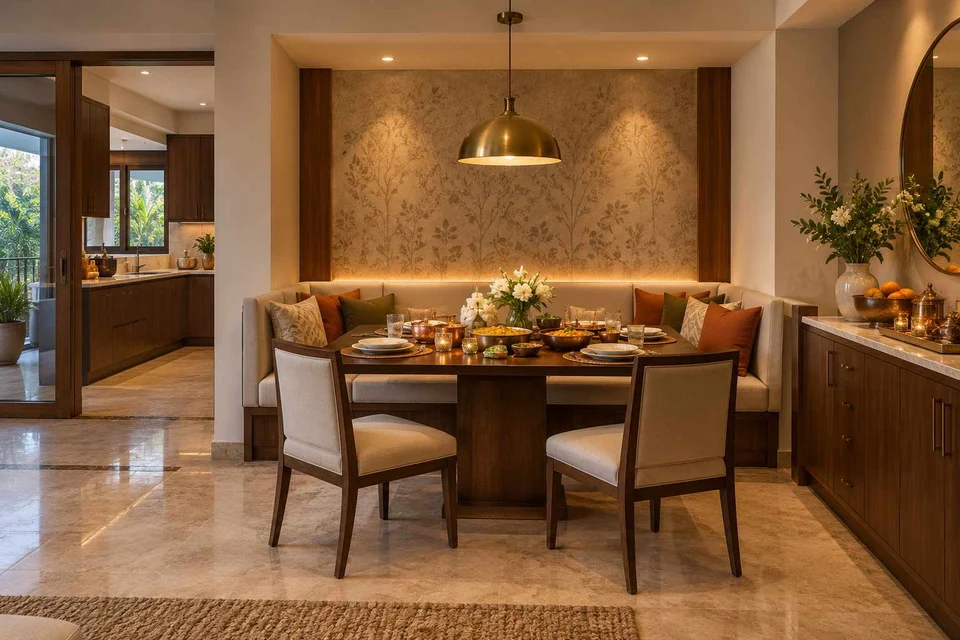 AI-generated dining-room concept: recessed booth dining, festival meal preparation direction