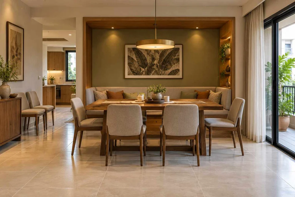 AI-generated dining-room concept: recessed booth dining, flexible extra seats direction