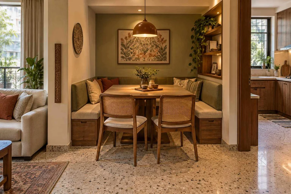 AI-generated dining-room concept: recessed booth dining, grandparents and grandchildren direction