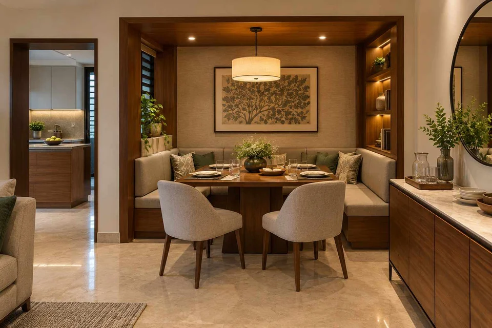 AI-generated dining-room concept: recessed booth dining, guest welcome meal direction
