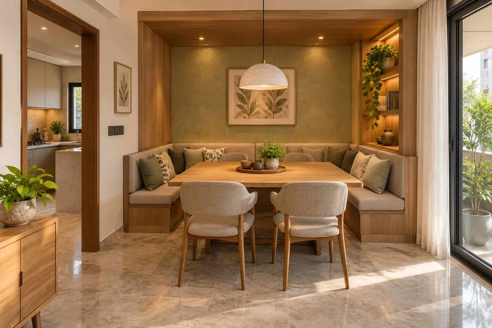 AI-generated dining-room concept: recessed booth dining, homegrown herb table direction