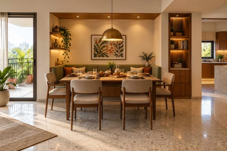 AI-generated dining-room concept: recessed booth dining, homework-to-dinner transition direction