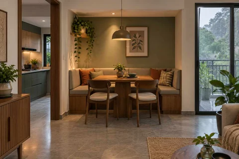 AI-generated dining-room concept: recessed booth dining, monsoon lunch light direction