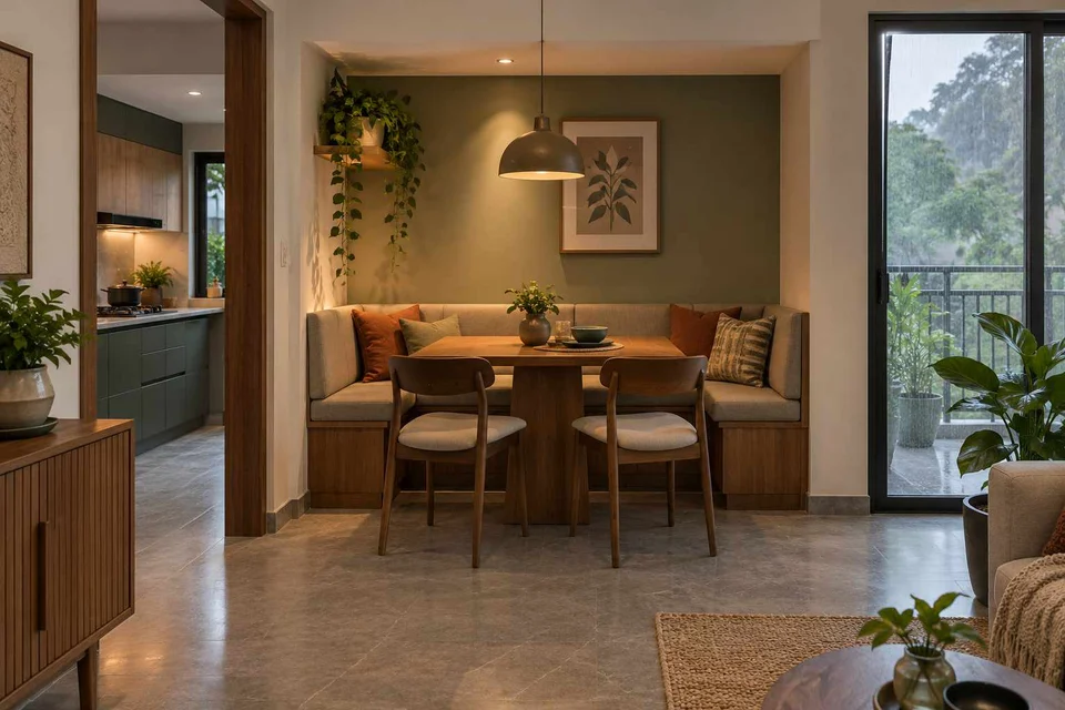 AI-generated dining-room concept: recessed booth dining, monsoon lunch light direction