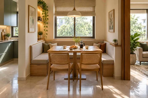 AI-generated dining-room concept: recessed booth dining, morning breakfast rhythm direction