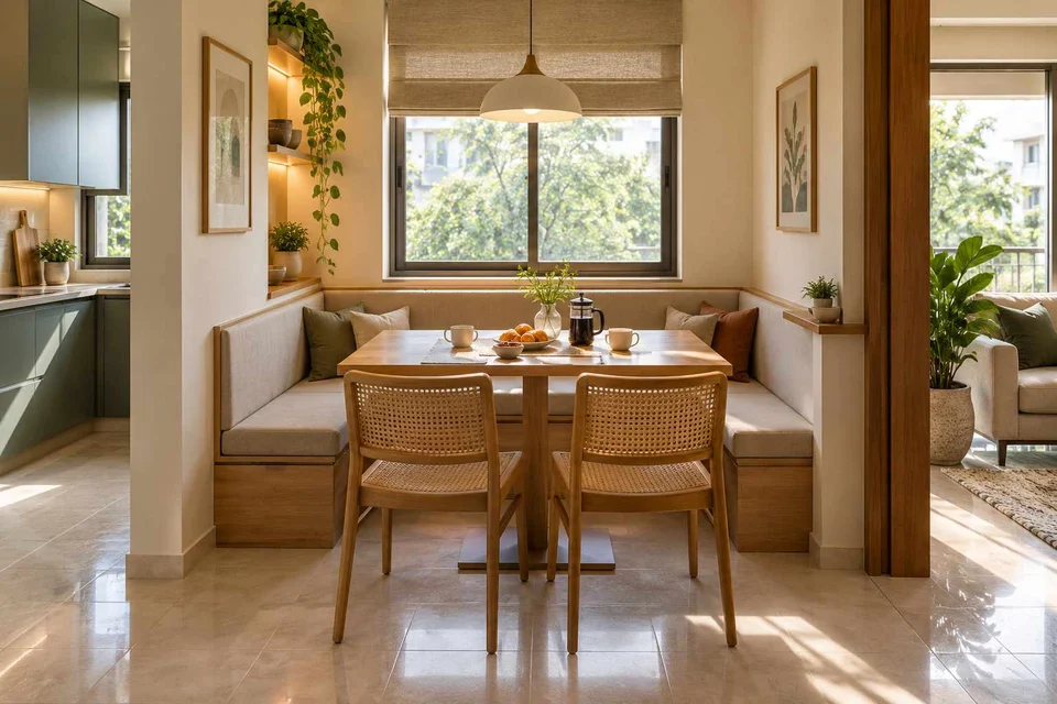 AI-generated dining-room concept: recessed booth dining, morning breakfast rhythm direction