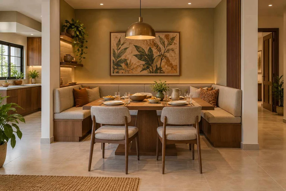 AI-generated dining-room concept: recessed booth dining, serving bowl sharing direction