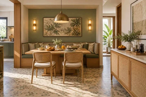 AI-generated dining-room concept: recessed booth dining, slow weekend brunch direction