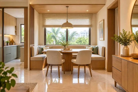 AI-generated dining-room concept: recessed booth dining, summer-airiness dining direction