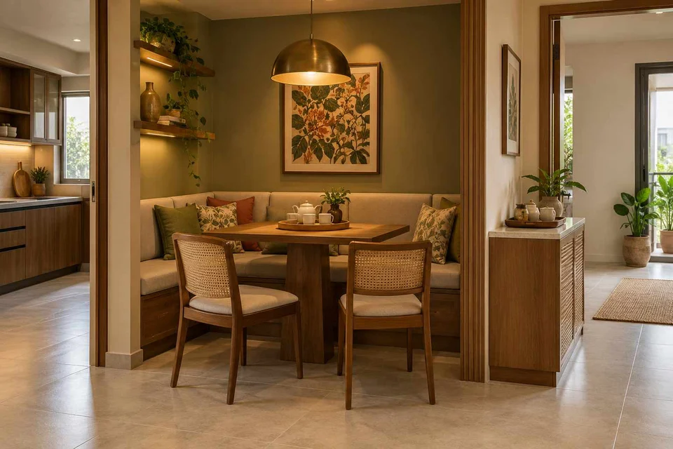 AI-generated dining-room concept: recessed booth dining, tea with friends direction