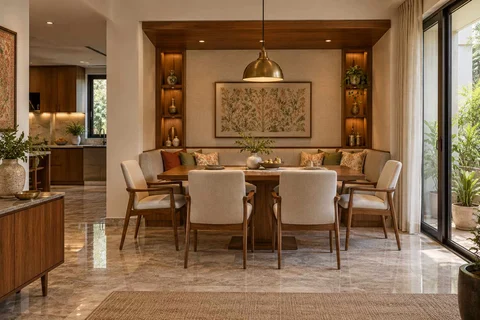 AI-generated dining-room concept: recessed booth dining, visiting-parents meal direction