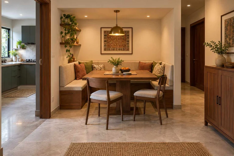 AI-generated dining-room concept: recessed booth dining, weekend craft-to-meal reset direction