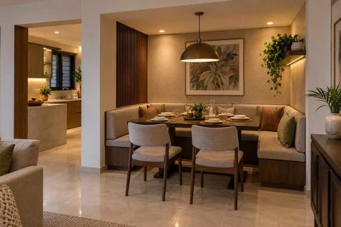 AI-generated dining-room concept: recessed booth dining, weeknight compact hosting direction