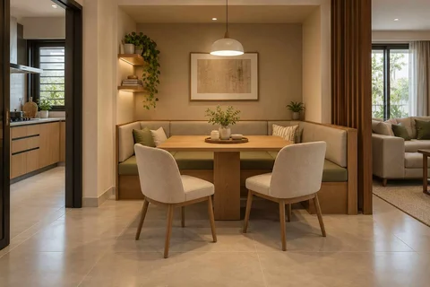 AI-generated dining-room concept: recessed booth dining, work-from-home reset direction