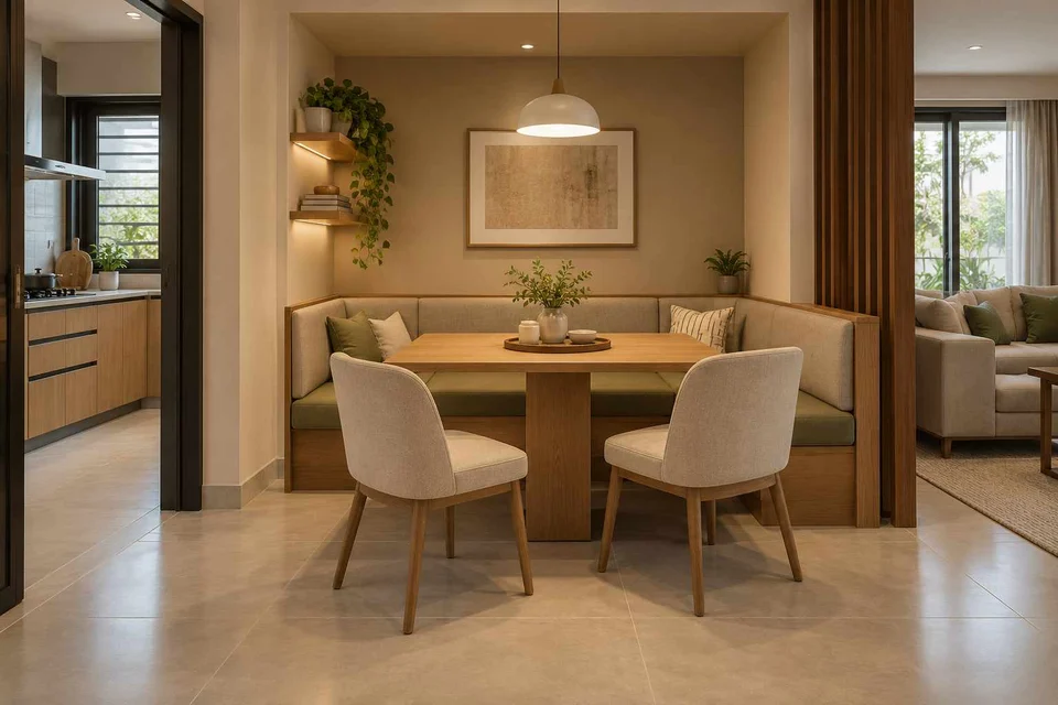 AI-generated dining-room concept: recessed booth dining, work-from-home reset direction