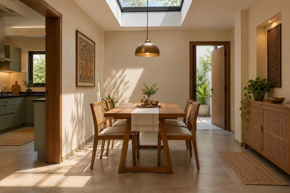 AI-generated dining-room concept: rooflit row-house dining, adaptable everyday dining direction