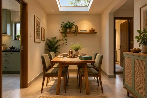 AI-generated dining-room concept: rooflit row-house dining, board-game supper direction