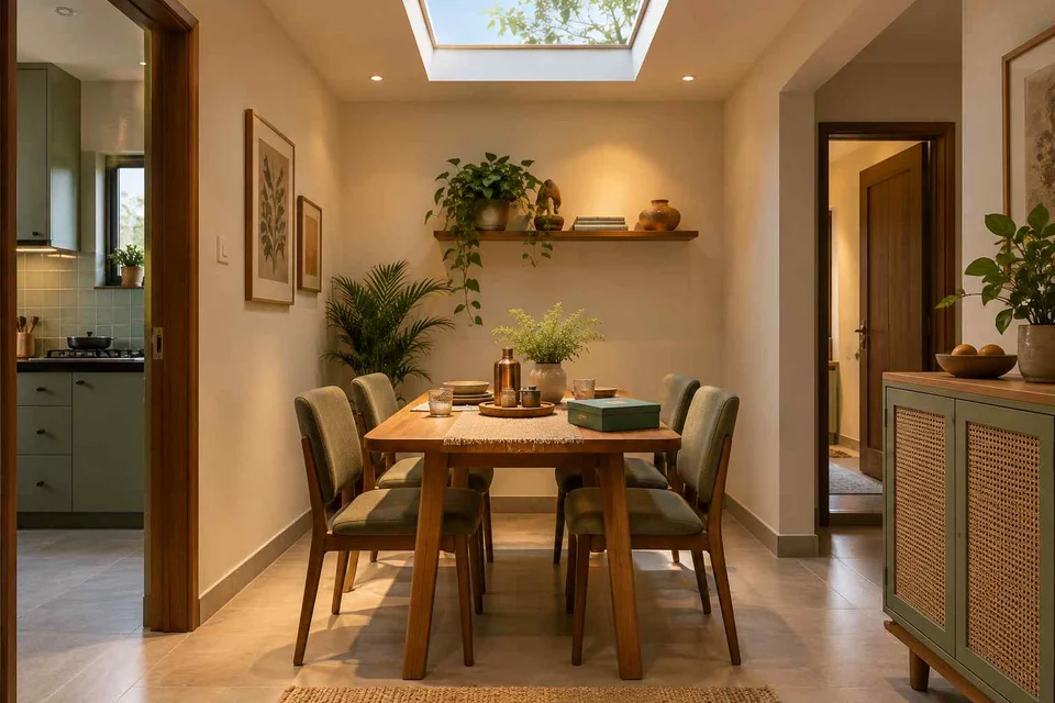 AI-generated dining-room concept: rooflit row-house dining, board-game supper direction
