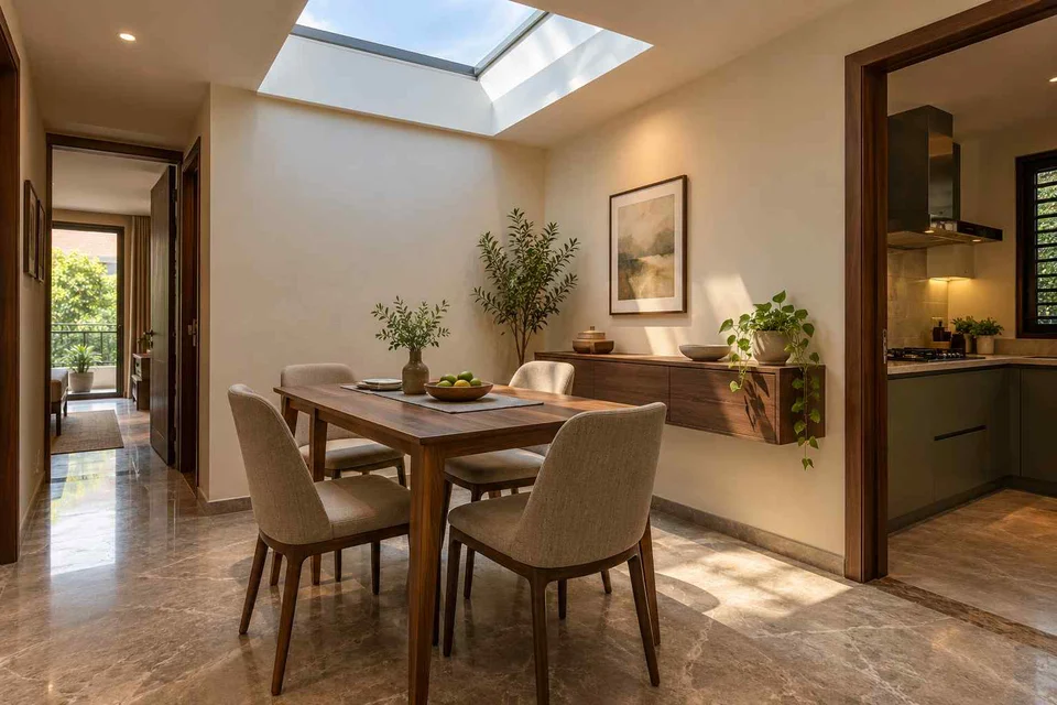 AI-generated dining-room concept: rooflit row-house dining, buffet-side gathering direction